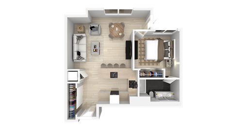 A top-down view of a small apartment layout with a kitchen, living room, and bathroom.